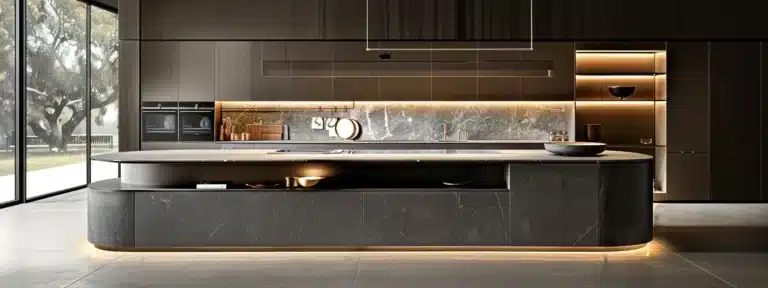 a sleek, contemporary kitchen with a striking two-tone cabinet island showcasing a modern contrast of light and dark shades.